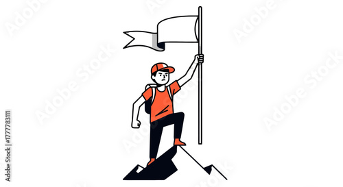 Triumphant Flag Waver Reaching Summit Illustrating Ambition, Achievement and Success
