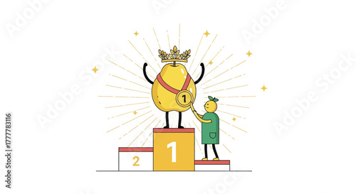 Triumphant Pear Celebrates Victory on Podium with Medal and Crown in Whimsical Style