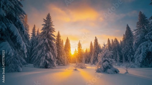 4K time lapse of sunrise over snow covered forest with golden sky peaceful mood and winter beauty perfect for nature branding relaxation videos and seasonal backgrounds