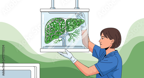 Illustration of medical professional examining a green leafy liver structure in a glass box