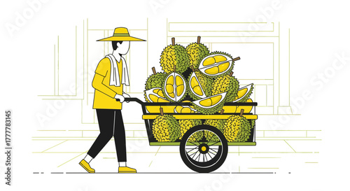 Vendor Hauling Cart Of Durian Fruits Illustration For Commercial Purposes