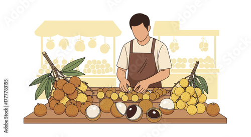 Vendor Prepares Longan Fruit, Depicting Freshness and Seasonal Local Agricultural Trade
