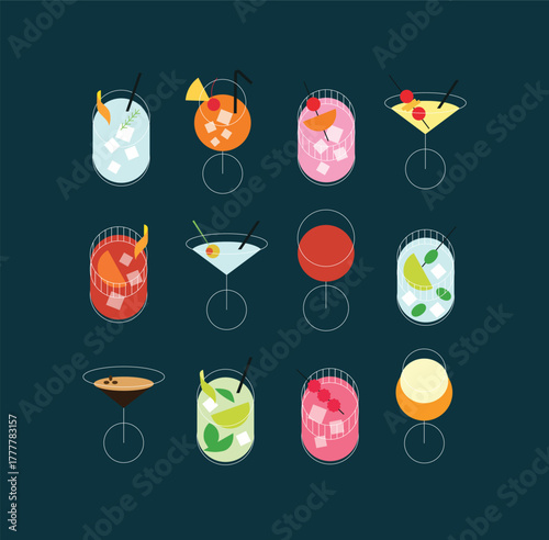 Cocktails set margarita, mojito, martini, old fashioned, cosmopolitan, bloody mary, whiskey sour, mai tai, pina colada, negroni drawing in minimalist line style on turquoise background