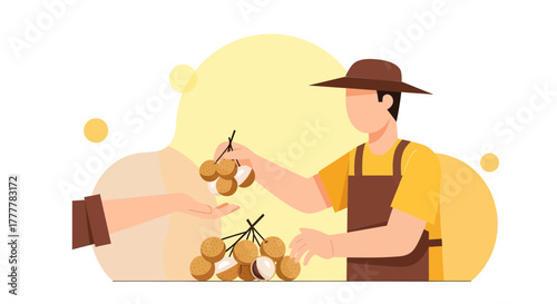 Vendor Selling Longan Fruits To Customer With Fresh Produce Illustration