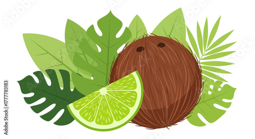 Tropical Coconut and Lime Slice Composition with Lush Greenery Arrangement