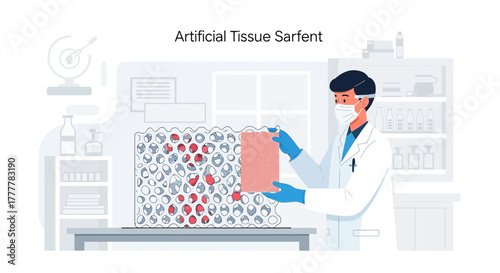 Illustration of scientist in lab coat examining artificial tissue for medical research
