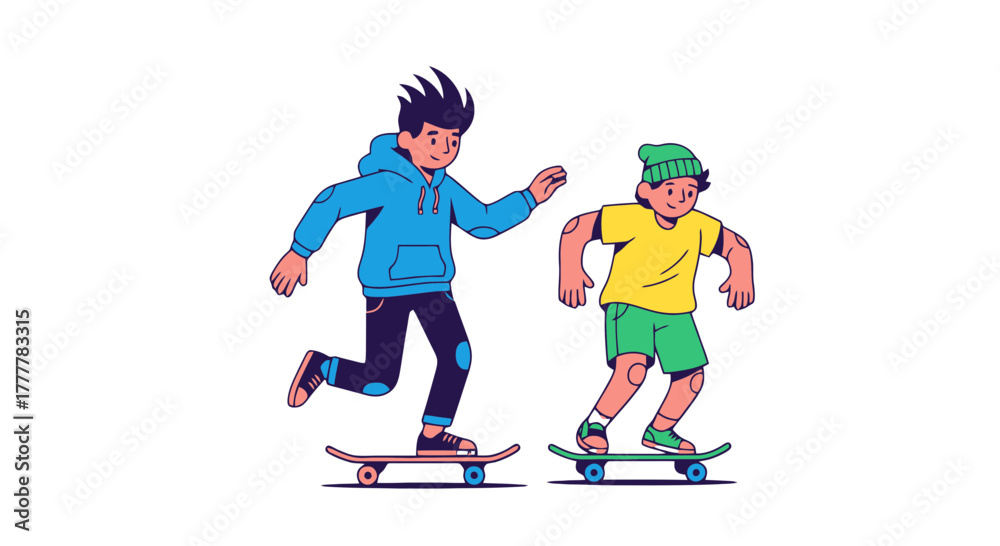 Fototapeta premium Two Friends Enjoying Skateboarding Drawn on Black Background in Vivid Cartoon Fashion
