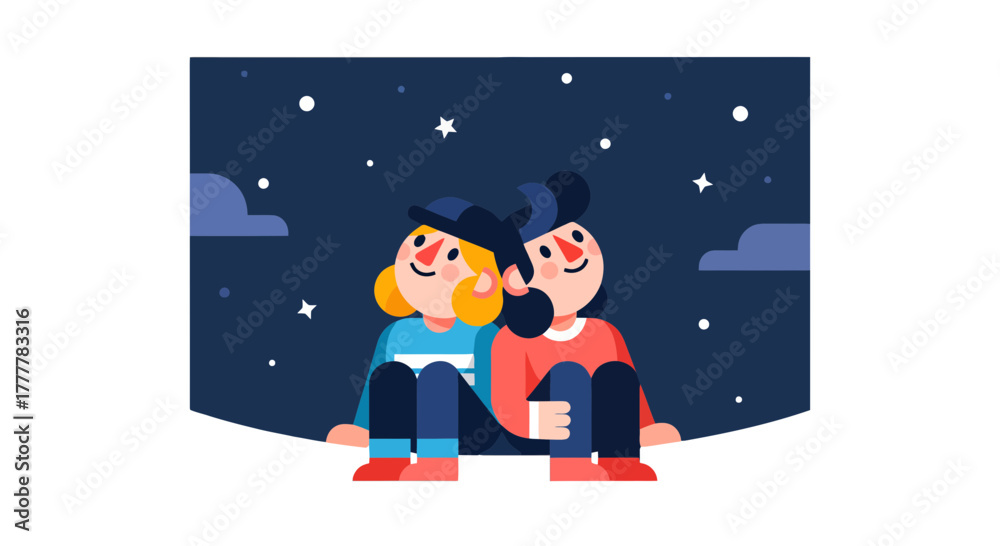 Fototapeta premium Two Figures Sit Together Gazing At The Celestial Display Of The Night Sky