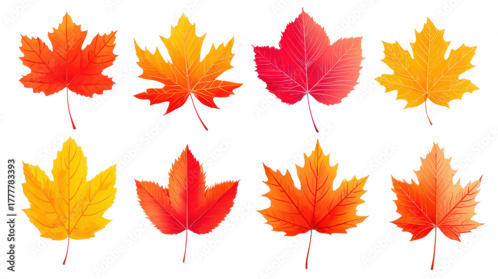 Obraz premium PNG autumn leaves isolated on white background, vibrant fall foliage cutout, product photo, maple and other leaf types, clean studio background, seasonal mockup, object isolated
