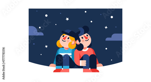 Two Figures Sit Together Gazing At The Celestial Display Of The Night Sky