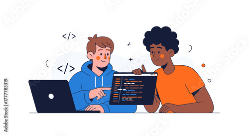 Two Developers Reviewing Code On Screen, Software Teamwork, Design and Collaboration