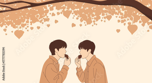 Two Men Sharing A Delicious Treat Beneath A Heart-Shaped Leafy Foliage