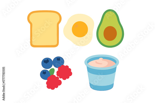 Healthy breakfast components set including toast, fried egg, avocado, berries, and yogurt