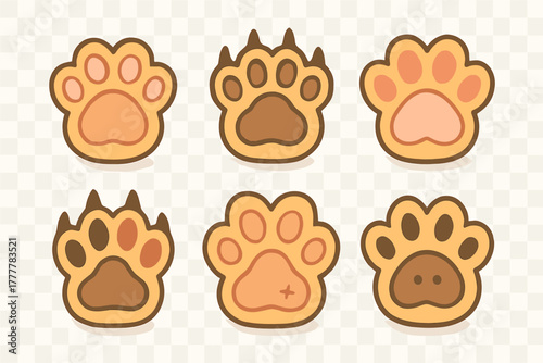 Set of adorable cartoon animal paw prints showing various shapes and claws