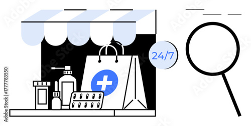 Pharmacy bag, pills, and bottles under storefront canopy with a 247 tag, alongside a magnifying glass. Ideal for healthcare, e-commerce, online service, convenience, medication delivery simple flat