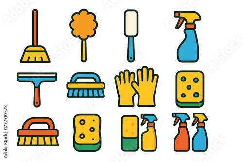 Colorful set of household cleaning tools and equipment including brooms, brushes, sponges, and spray bottles