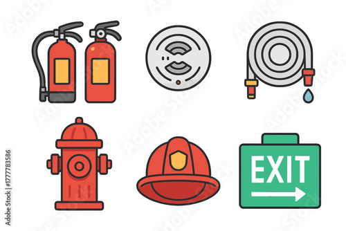 Fire safety equipment set showing extinguisher, smoke detector, hose, hydrant, helmet, and exit sign