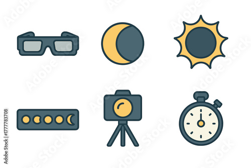 Set of essential icons for solar eclipse viewing and astronomical observation tools
