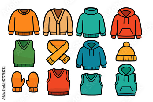 Colorful collection of warm winter clothing items including sweaters, hoodies, vests, scarf, and mittens