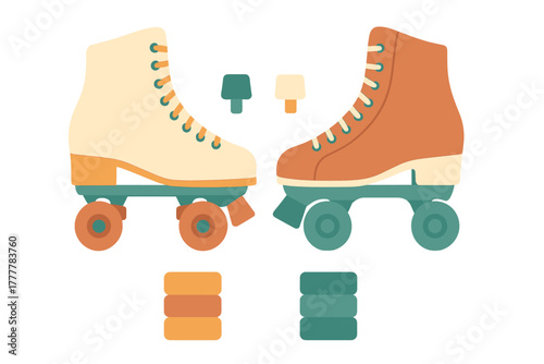 Pair of vintage roller skates with four wheels and toe stops in retro color palette
