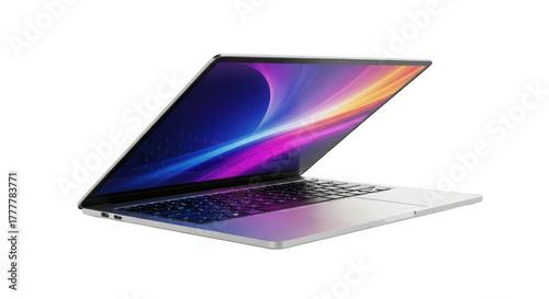 Modern silver laptop with vibrant colorful screen, sleek aluminum notebook computer isolated on white, high-end portable workstation for creative professionals