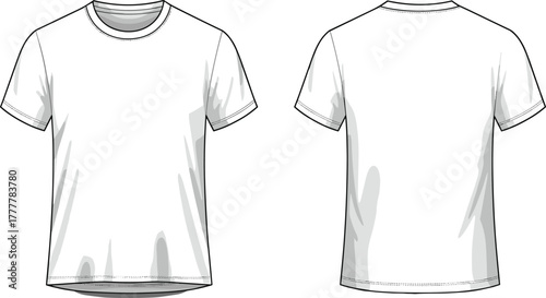 White T-shirt template, blank apparel mockup, front and back view, fashion design, clothing illustration, casual wear, vector graphic