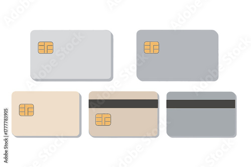 Five blank payment cards displaying front and back views with microchips and magnetic stripes