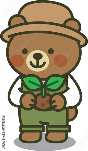 苗を持っているくまちゃんのイラスト（植物・成長・かわいい動物）