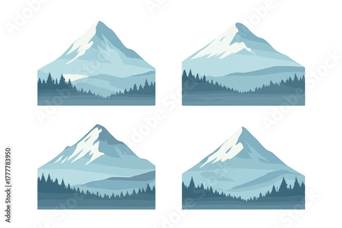 Stylized alpine mountain range landscapes with snow caps and dense coniferous forest silhouettes