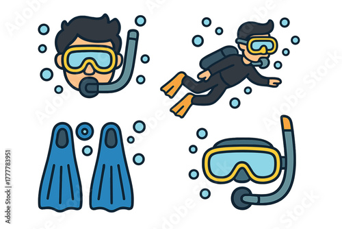 Set of scuba diving and snorkeling elements including diver figure mask fins and bubbles