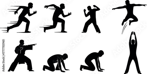 Human athletic movement silhouettes set featuring running, jumping, stretching, martial arts, and various action sports poses in black vector illustration 