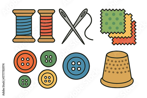 Colorful collection of sewing supplies including thread spools needles buttons and fabric swatches