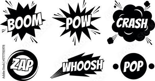 Comic book sound effect icons with boom pow crash zap whoosh pop in black and white vector style 