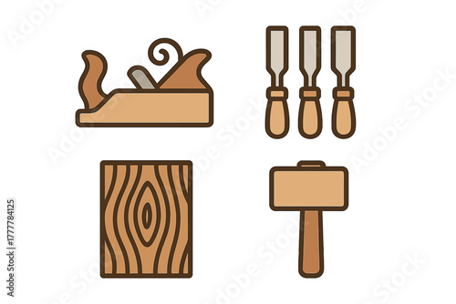 Collection of woodworking tools including hand plane, chisels, wooden mallet, and timber