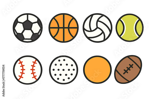 Collection of eight colorful minimalist icons representing major sports balls including soccer basketball and tennis
