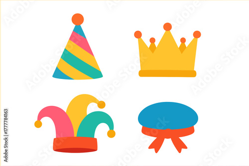 Colorful collection of celebration and costume headwear including party hat, royal crown, and jester cap