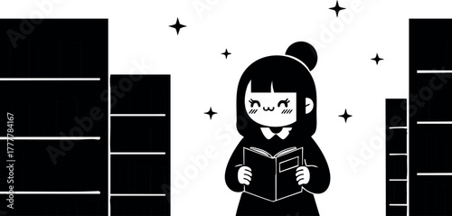 Smiling girl reading a book between tall bookshelves in a library, surrounded by sparkling stars, black and white vector illustration 