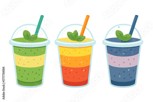 Three vibrant layered smoothies in plastic cups with straws and mint garnish