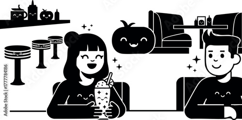 Couple enjoying milkshake together in modern cafe interior with smiling faces and cozy seating arrangement vector illustration 