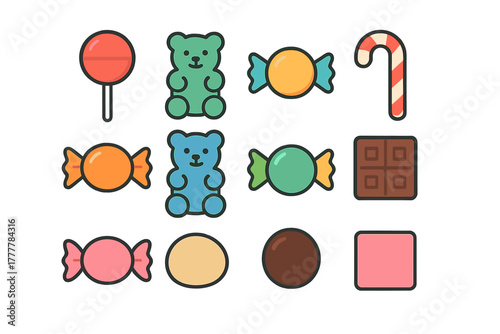 Assortment of colorful sweet confectionery icons including gummy bears, lollipop, and chocolate bar