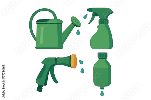 Essential green gardening tools set including watering can, spray bottle, and hose nozzle