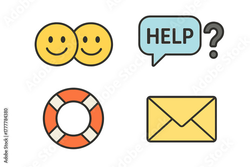 Customer support and assistance icons set with help speech bubble, smiley faces, lifebuoy, and email