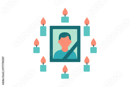 Simple graphic representation of a memorial portrait surrounded by lit candles symbolizing remembrance and loss