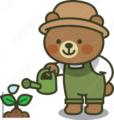 双葉の苗にじょうろで水をあげるくまちゃんのイラスト（植物・成長・かわいい動物）