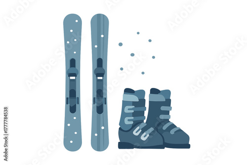 Blue alpine skis and matching ski boots for winter mountain recreation and downhill skiing