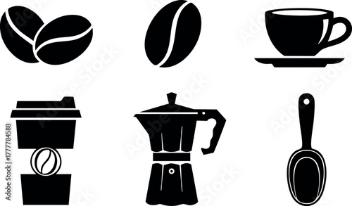 Coffee beans, cup, moka pot, takeaway cup, and scoop vector icons in simple black silhouette style 
