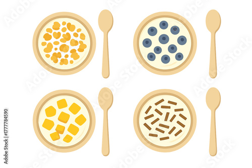 Four breakfast bowls filled with yogurt and toppings including blueberries mango cornflakes and chocolate pieces