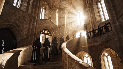 Robed Figures Ascending Grand Gothic Monastery Staircase Bathed in Divine Sunlit Dust