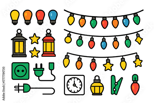 Colorful string lights, traditional lanterns, electrical plugs, and decorative elements collection