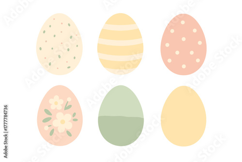 Set of six decorative spring holiday eggs featuring stripes dots and floral patterns